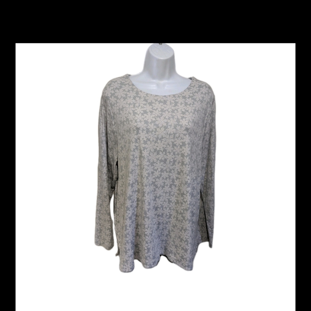 J Jill Pima Crew Neck Long Sleeve Tee 2X Snowflake Print #8700